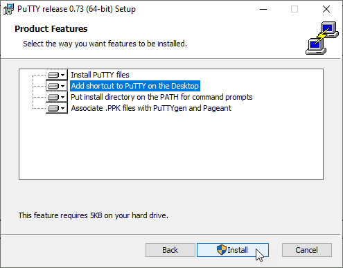PuTTY Installer - Installation Step